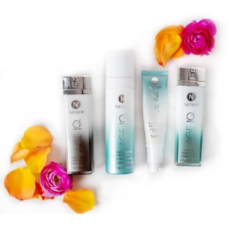 Four bottles appear in Age IQ® Cleanse, Correct, Protect Set set including: Neora Age IQ Night Cream, Age IQ Invisi-Bloc Sunscreen SPF 40, Dual-action Cleanser and Age IQ Day Cream.